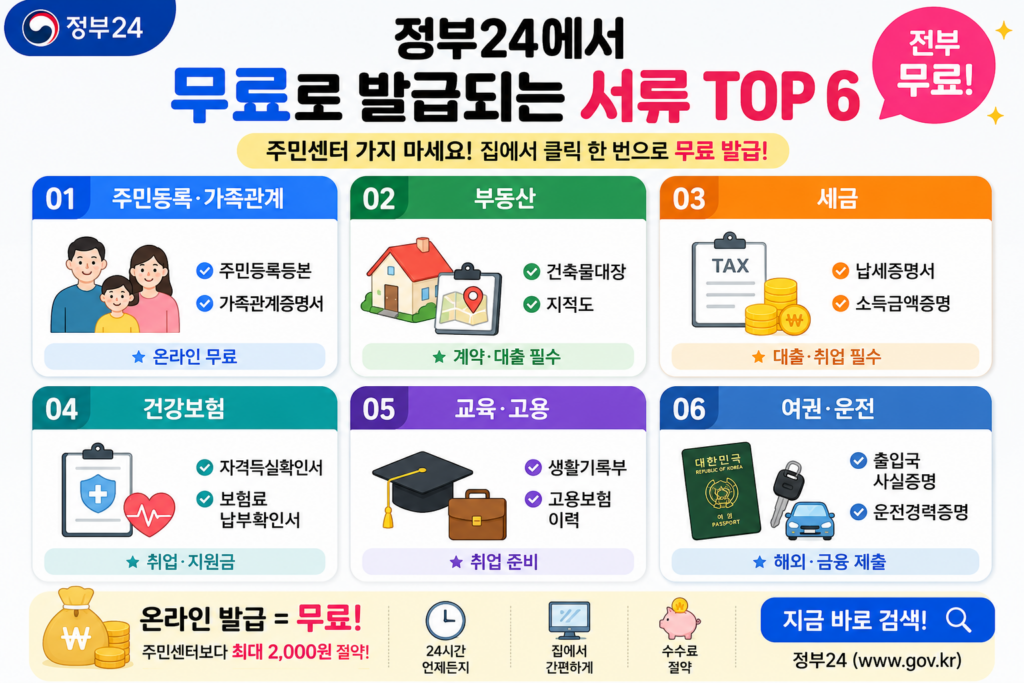 정부24에서 무료로 발급되는 서류들